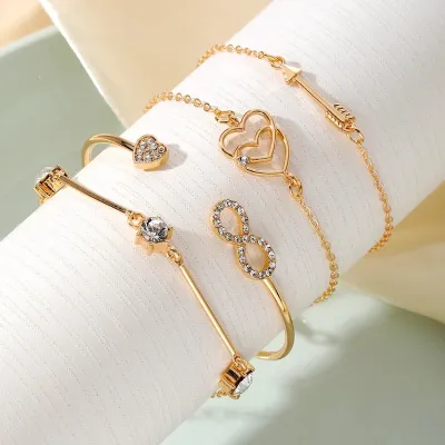 Vintage Rhinestone Heart Multilayer Arrow Chain Bracelet Set